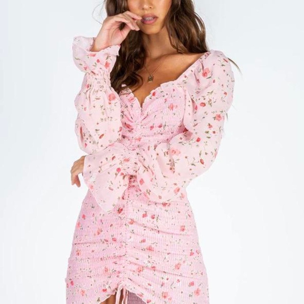 Princess Polly Light Pink Floral Long Sleeve Smocked Midi Dress